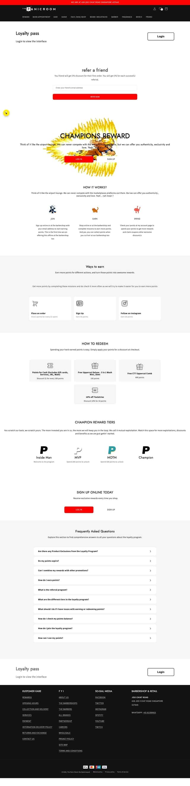 The Panic Room loyalty page