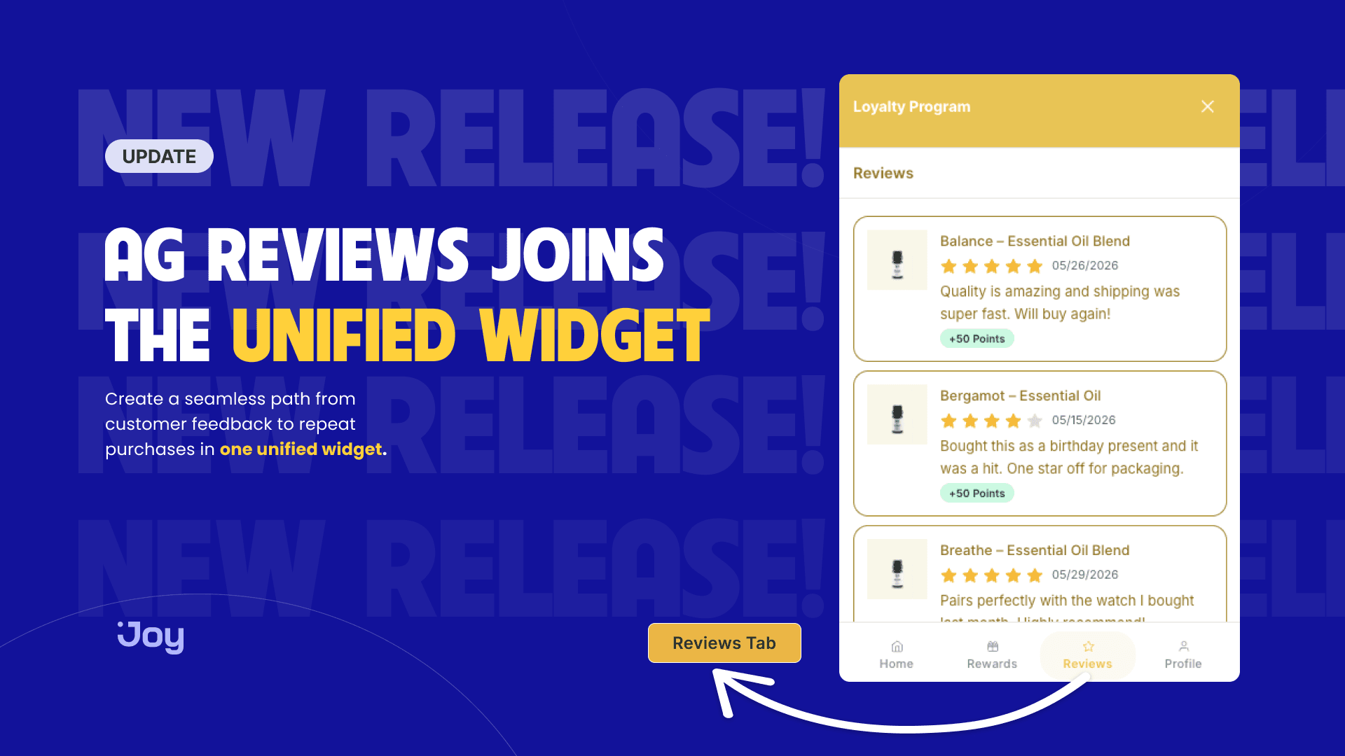 Joy release banner for AG Reviews in the unified widget, showing a Reviews tab with star ratings and +50 points
