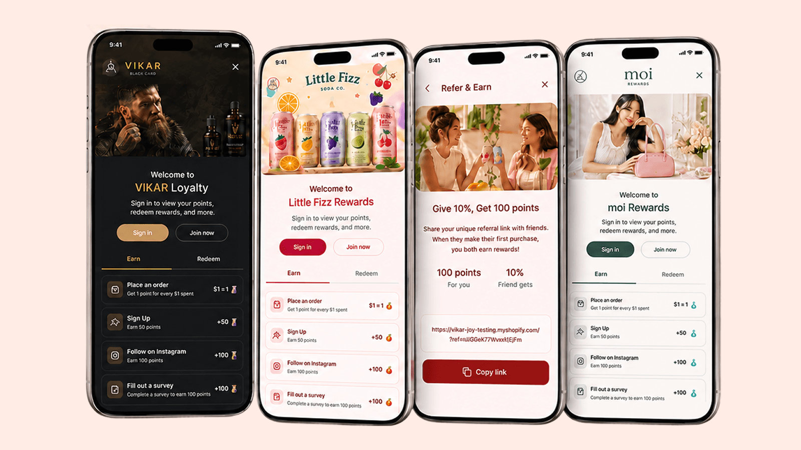 Four phones showing Joy loyalty widgets branded for VIKAR, Little Fizz, a Refer and Earn screen, and moi Rewards