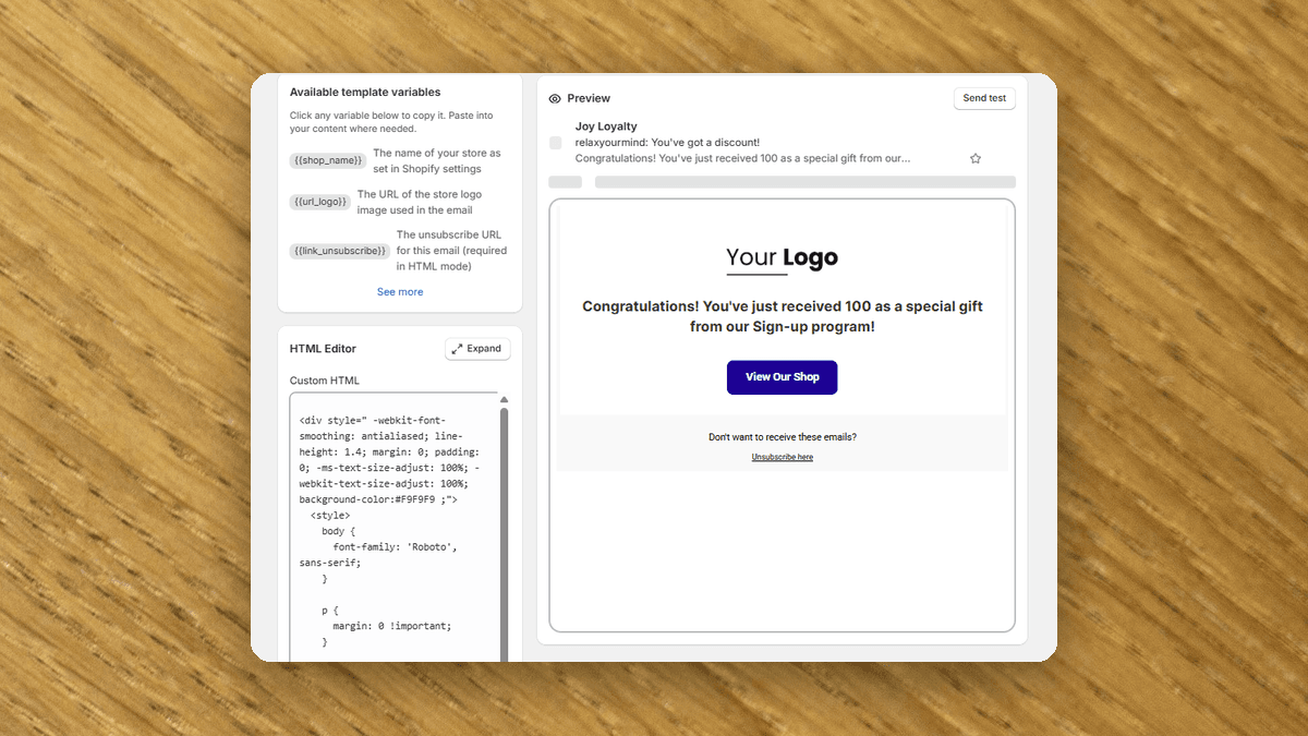 Joy Loyalty HTML email editor with the template variables panel, Custom HTML box and a live sign-up email preview