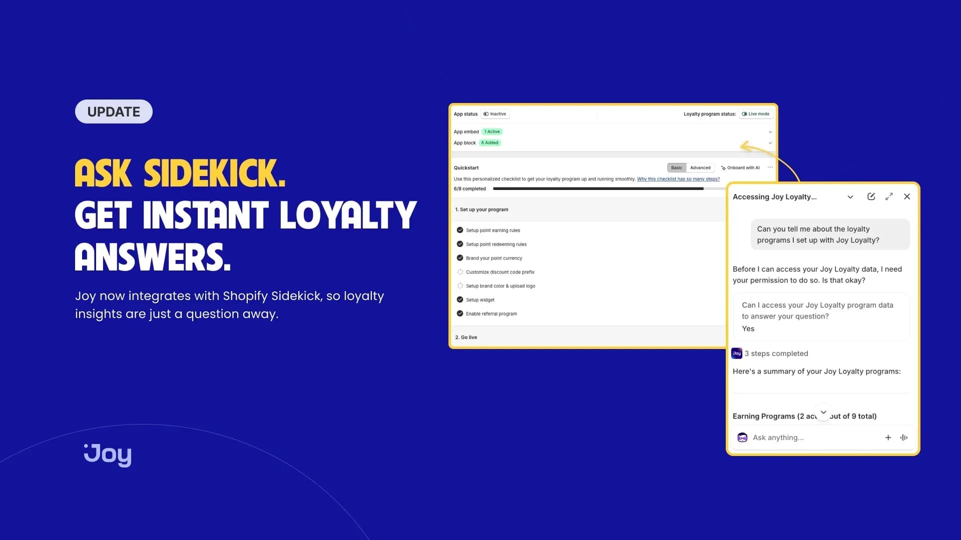 Shopify Sidekick answering a question about a Joy loyalty program, summarising its earning programs