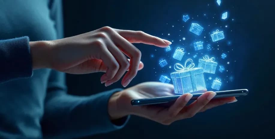 Hand tapping a phone as glowing gift boxes rise from the screen