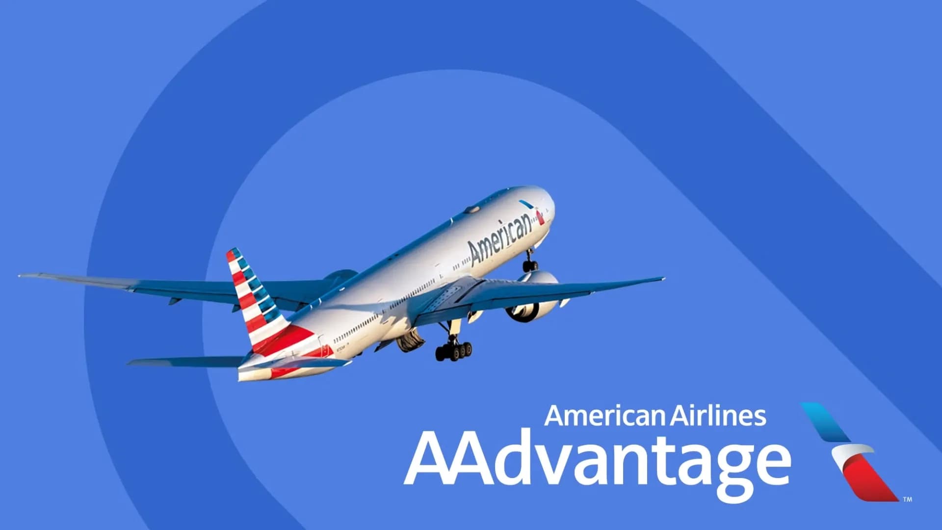 American Airlines jet taking off beside the AAdvantage loyalty program logo