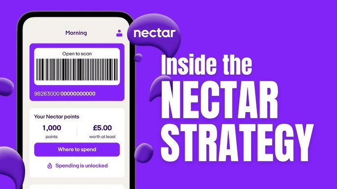 Nectar app showing a scan barcode and 1,000 points worth at least £5.00, beside the words Inside the Nectar Strategy