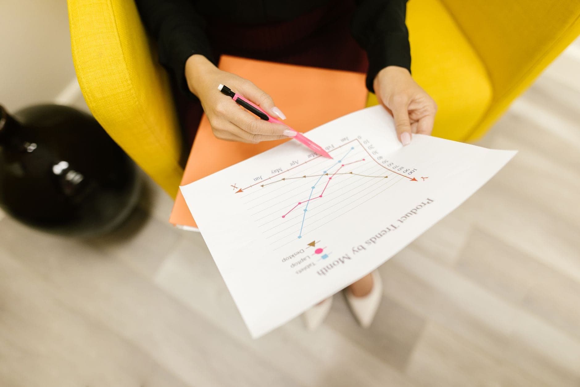 Overhead view of a person reviewing a product trend chart