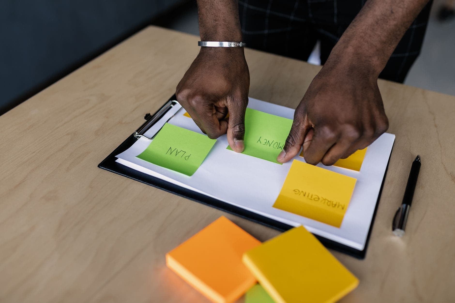 Hands arranging PLAN sticky notes on a clipboard while mapping out steps