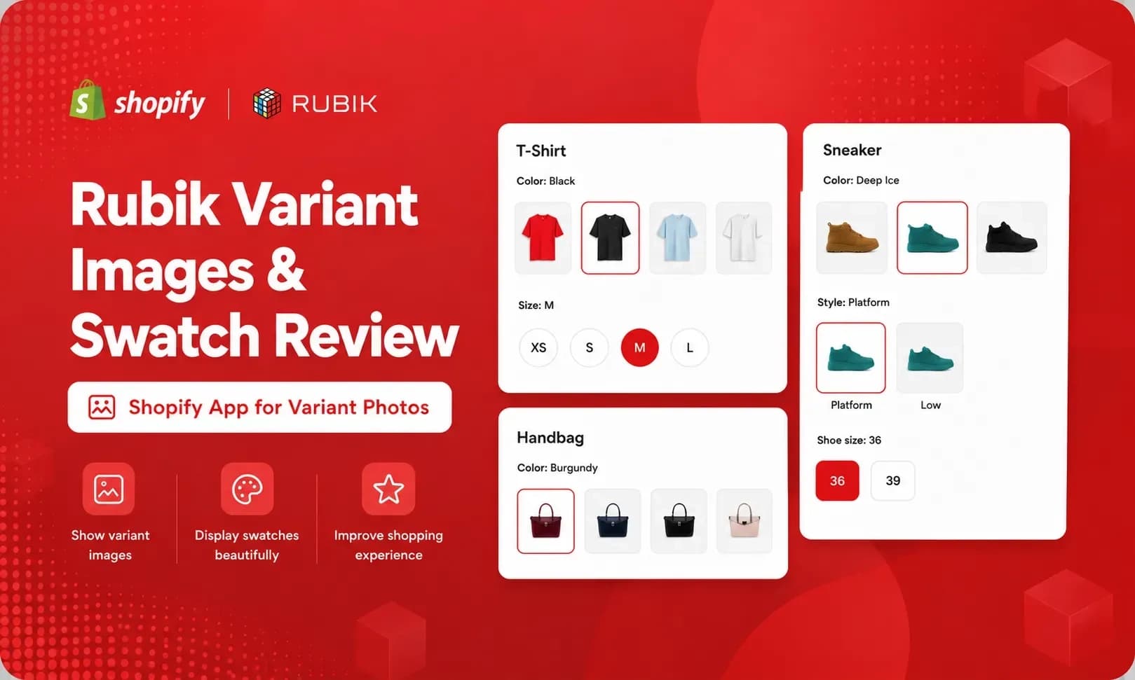 Rubik Variant Images and Swatch review banner showing colour and size swatch pickers on t-shirt, sneaker and handbag product cards