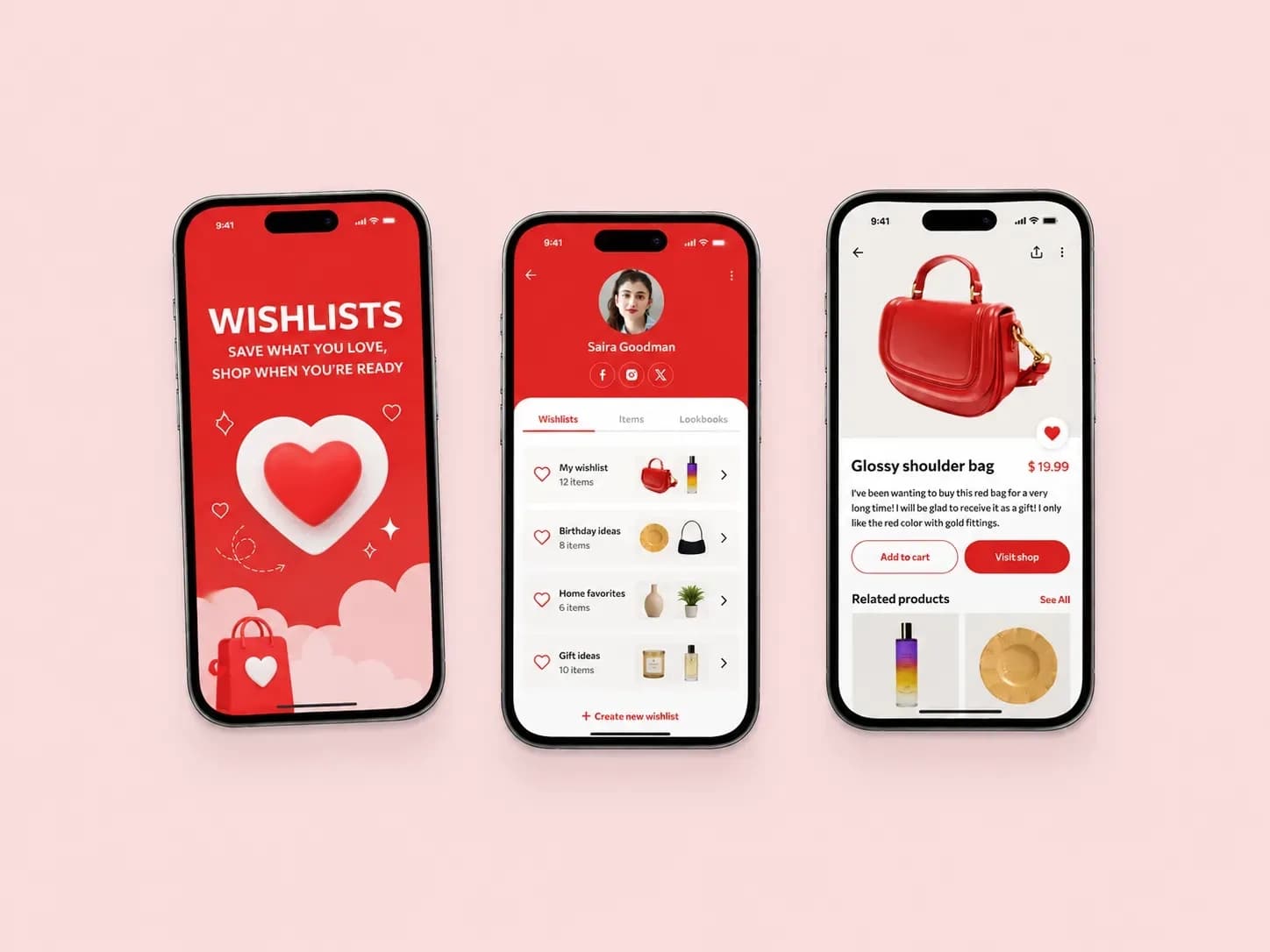 Three phone screens of a Shopify wishlist app: the wishlist intro, a shopper's saved lists, and a saved handbag ready to add to cart