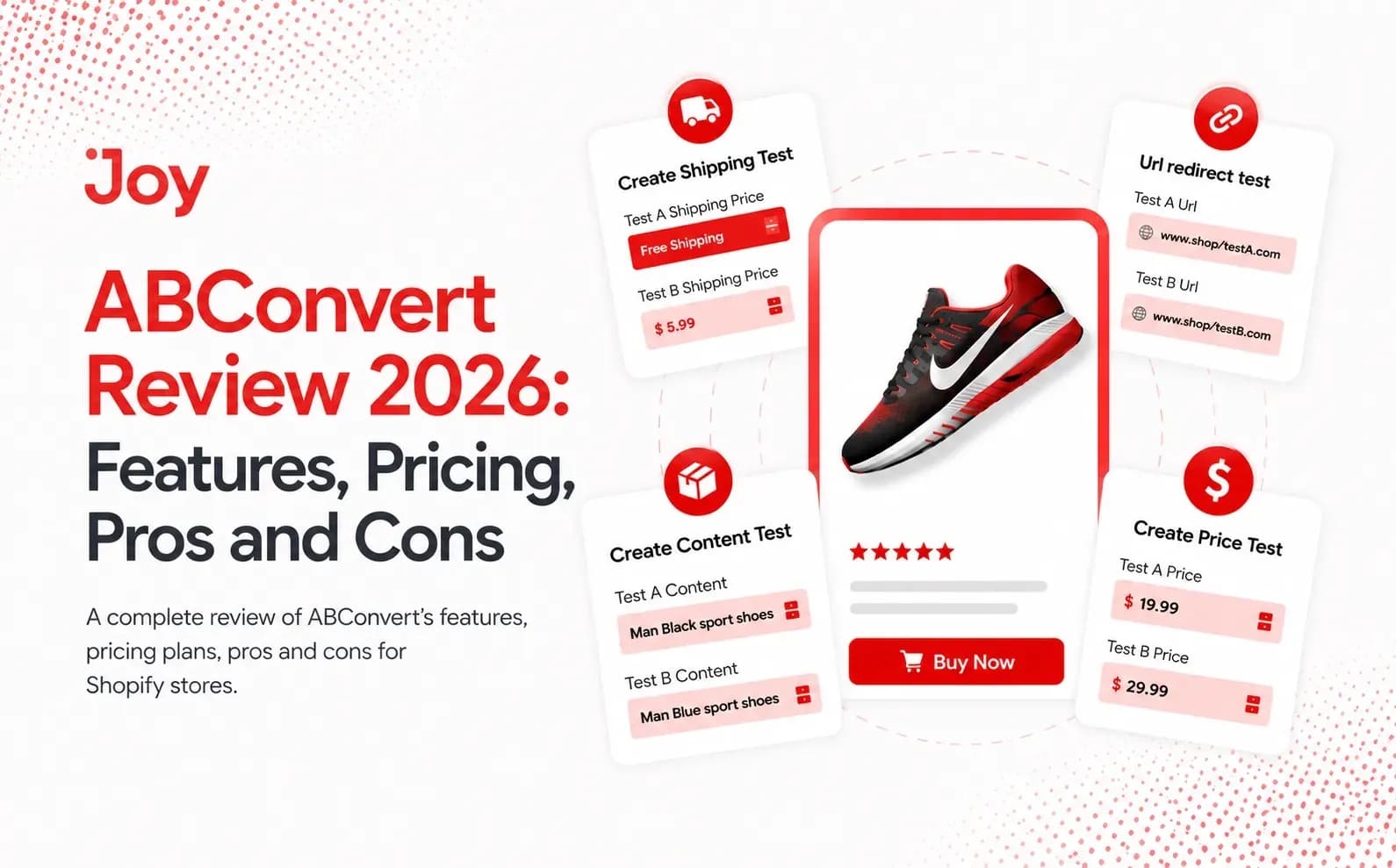 ABConvert review banner showing shipping, content, price and URL redirect test cards around a Shopify product page