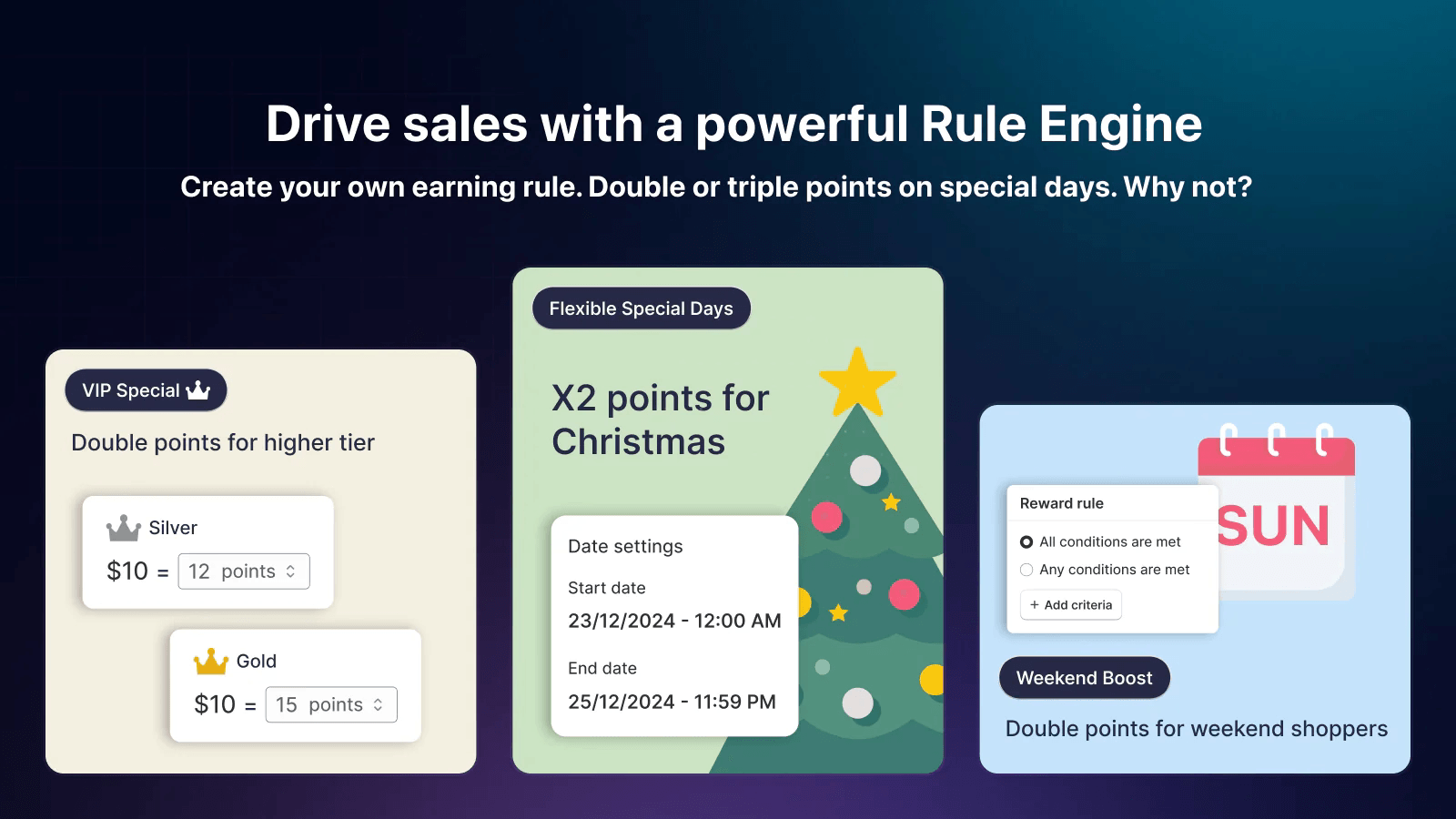 Joy rule engine promo with VIP double points, x2 points for Christmas and a weekend boost rule