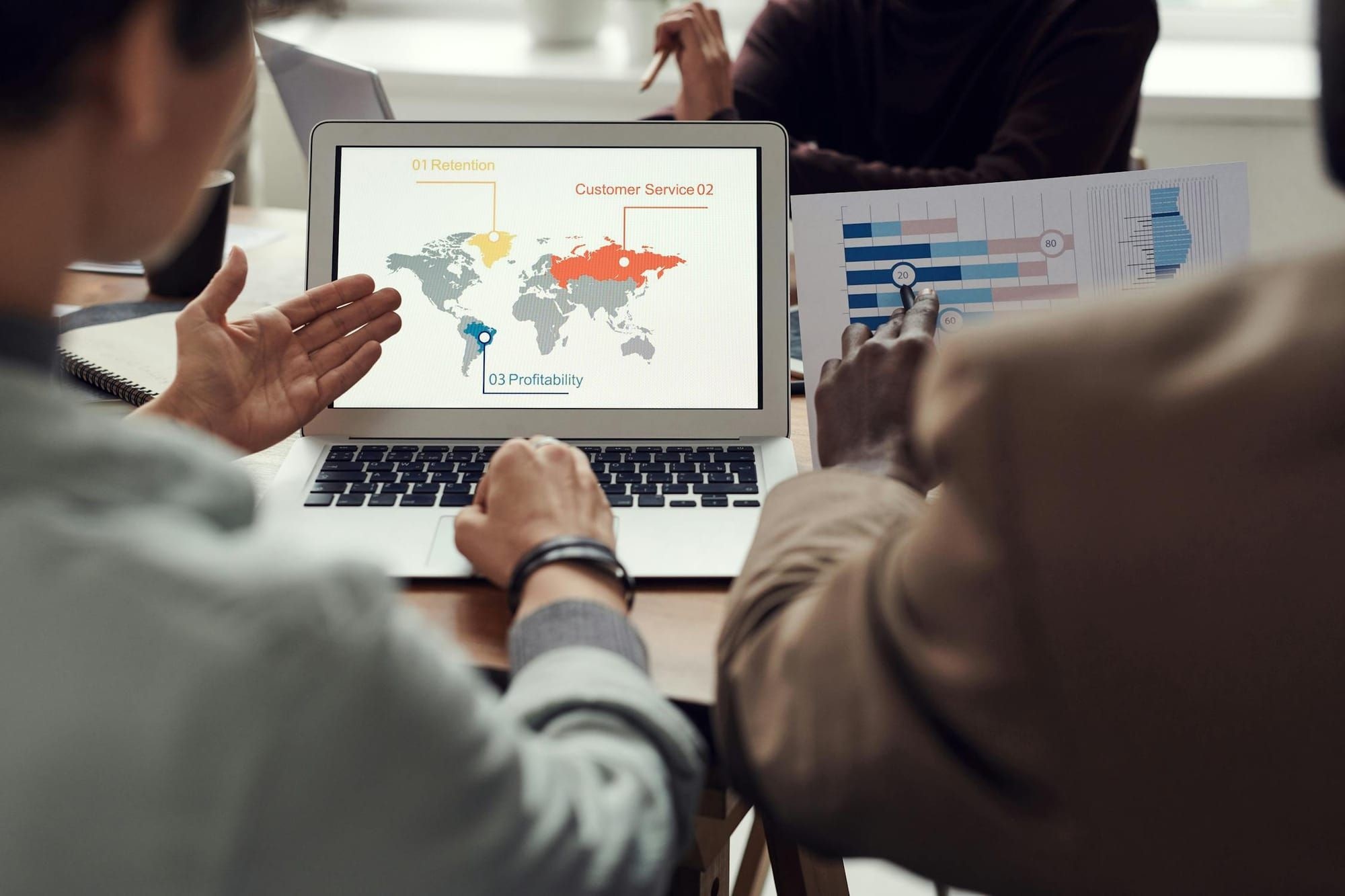 Colleagues reviewing a laptop dashboard mapping retention, customer service and profitability alongside printed charts