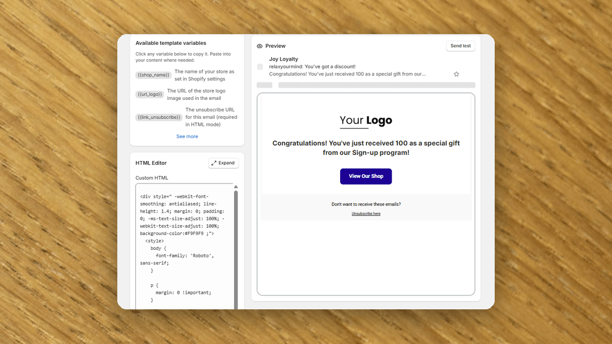 Joy Loyalty HTML email editor with the template variables panel, Custom HTML box and a live sign-up email preview