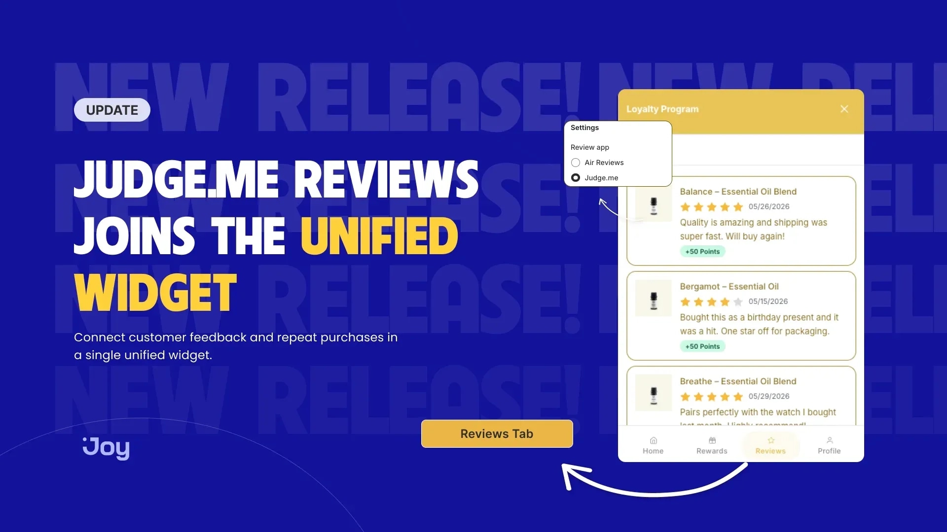 Joy unified widget with the Judge.me reviews tab open, showing product reviews that earn points