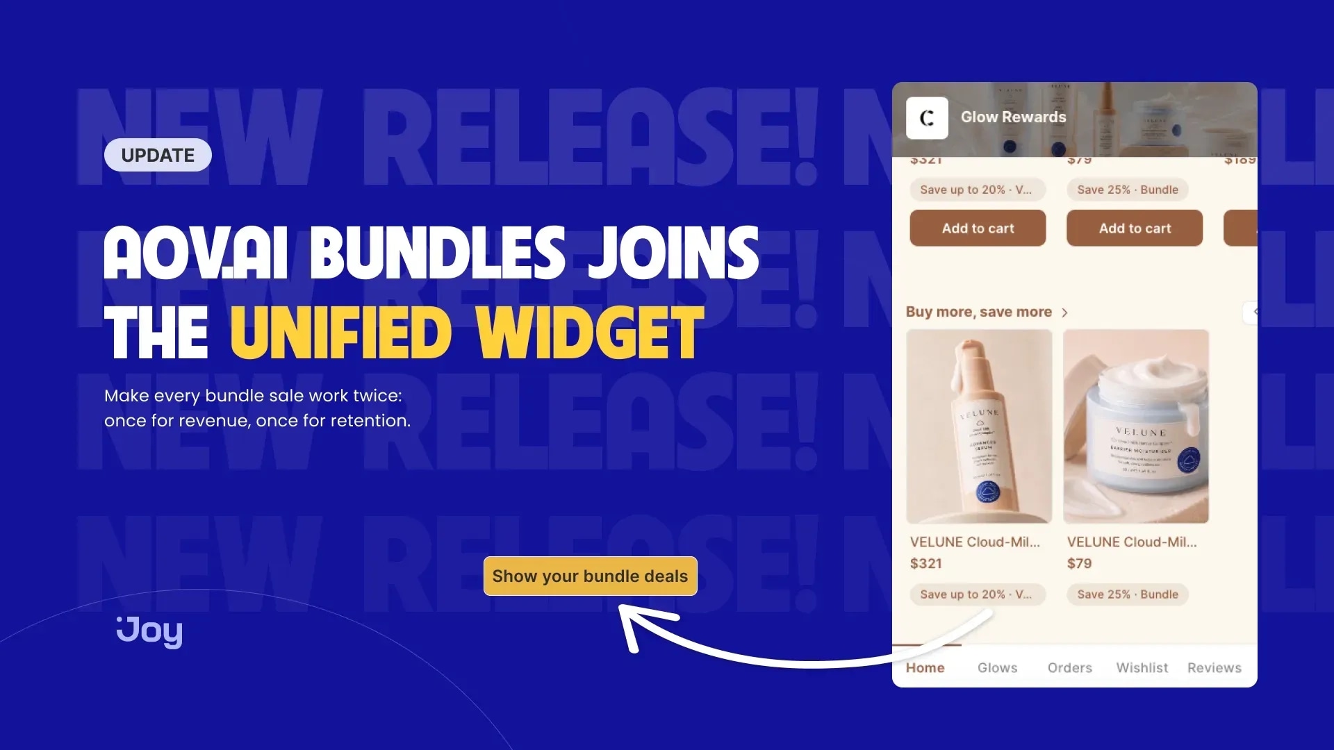 Joy release banner for AOV.ai Bundles in the unified widget, showing bundle deals on widget product cards