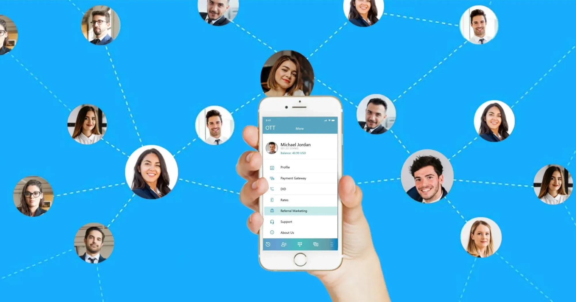 Hand holding a phone open on a referral marketing menu, linked by dotted lines to a network of customer portraits