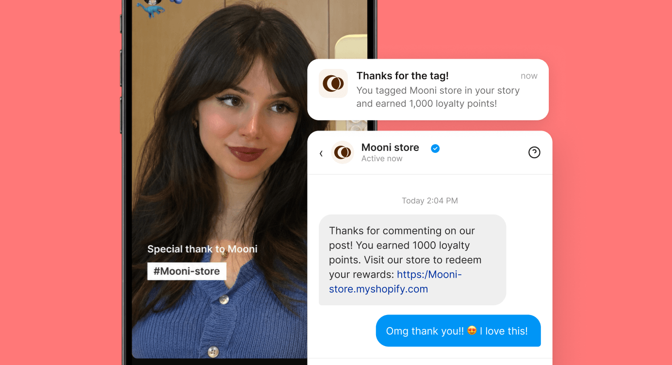 An Instagram story tag and comment triggering automated thank-you DMs that award 1,000 loyalty points
