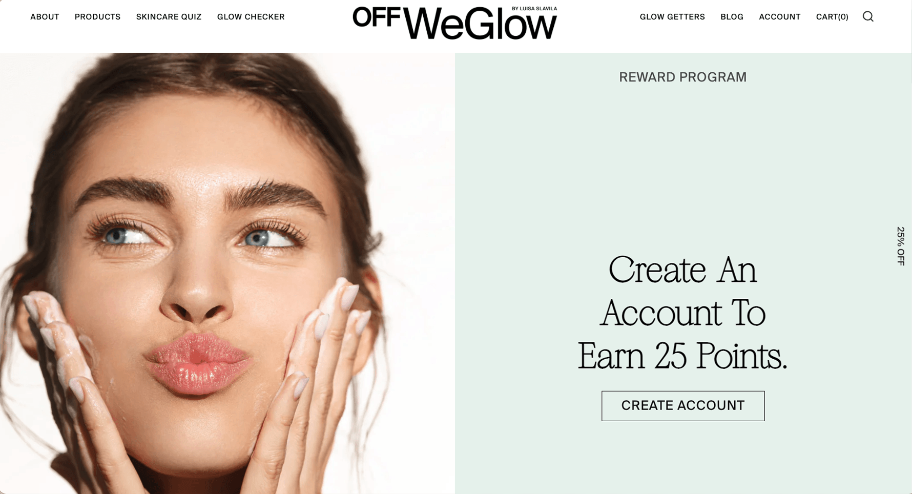 Off We Glow branded loyalty page on desktop with a hero banner inviting customers to join and earn points
