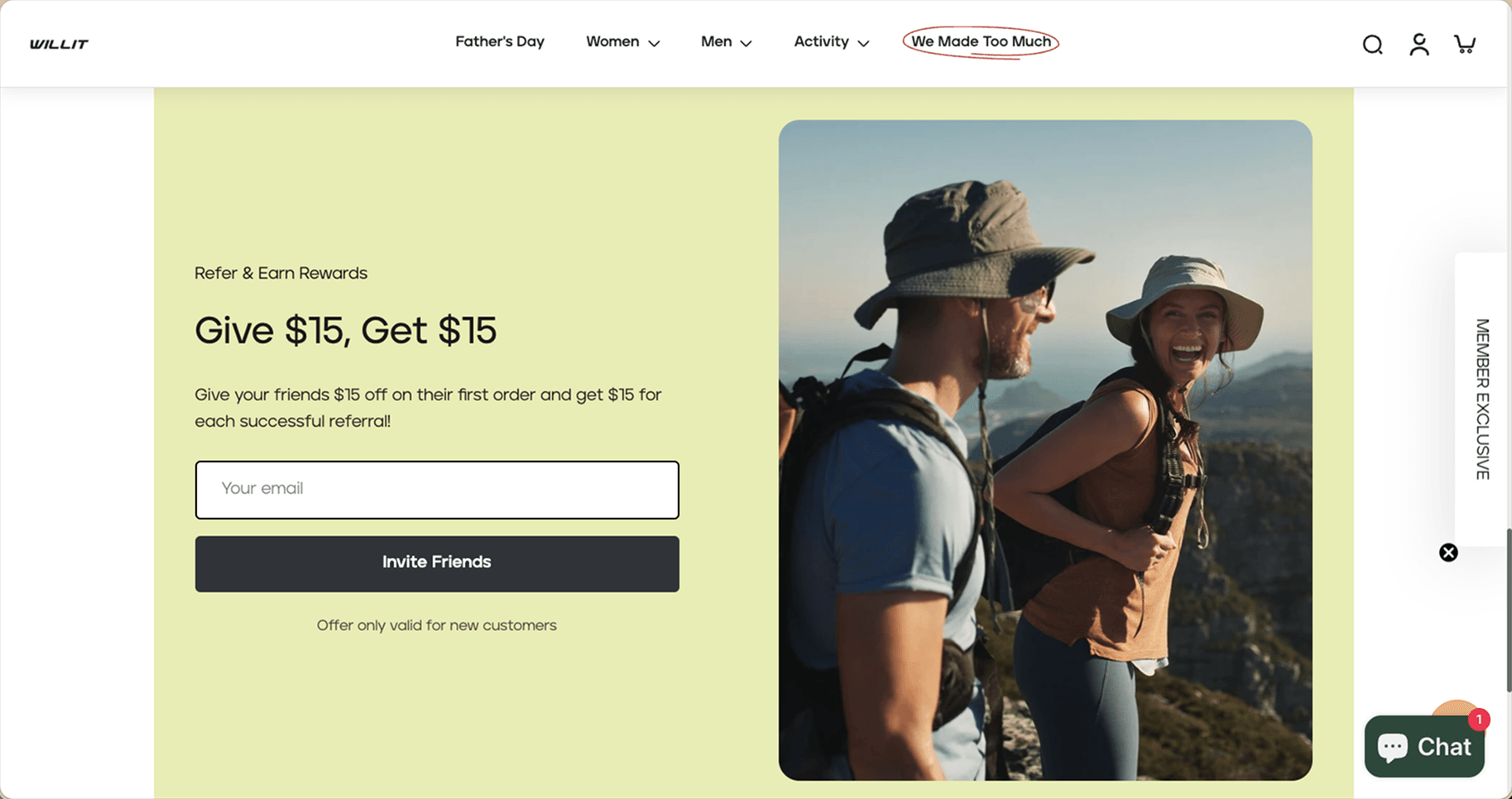Willit refer-a-friend page on desktop where customers share a referral link and both sides earn rewards