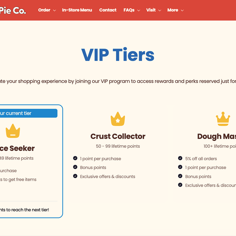 Pots & Pans Pie Co.'s on-brand VIP tiers page with perks reserved for members