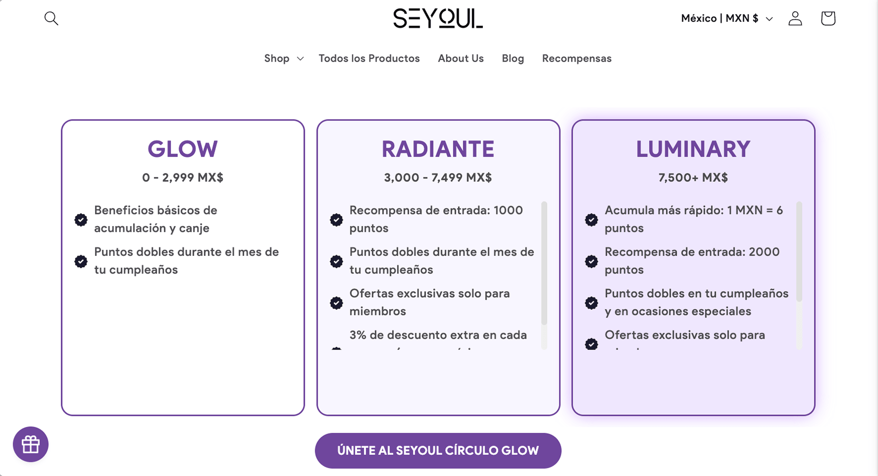 Seyoul's on-brand membership and VIP tiers page on desktop inviting customers to join the club