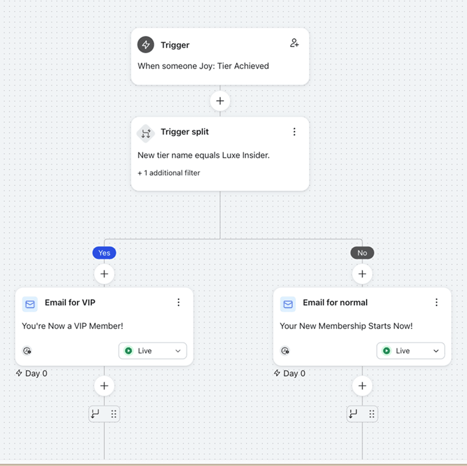 Joy loyalty events powering a Klaviyo lifecycle flow