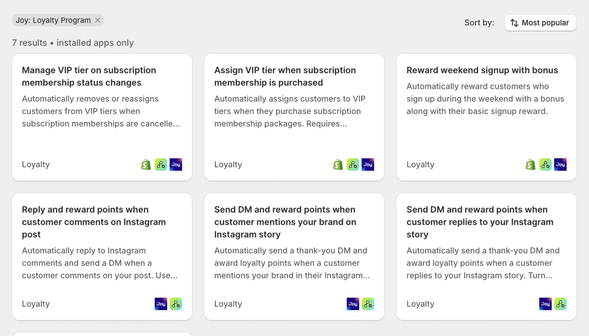 Joy loyalty automations available as Shopify Flow templates