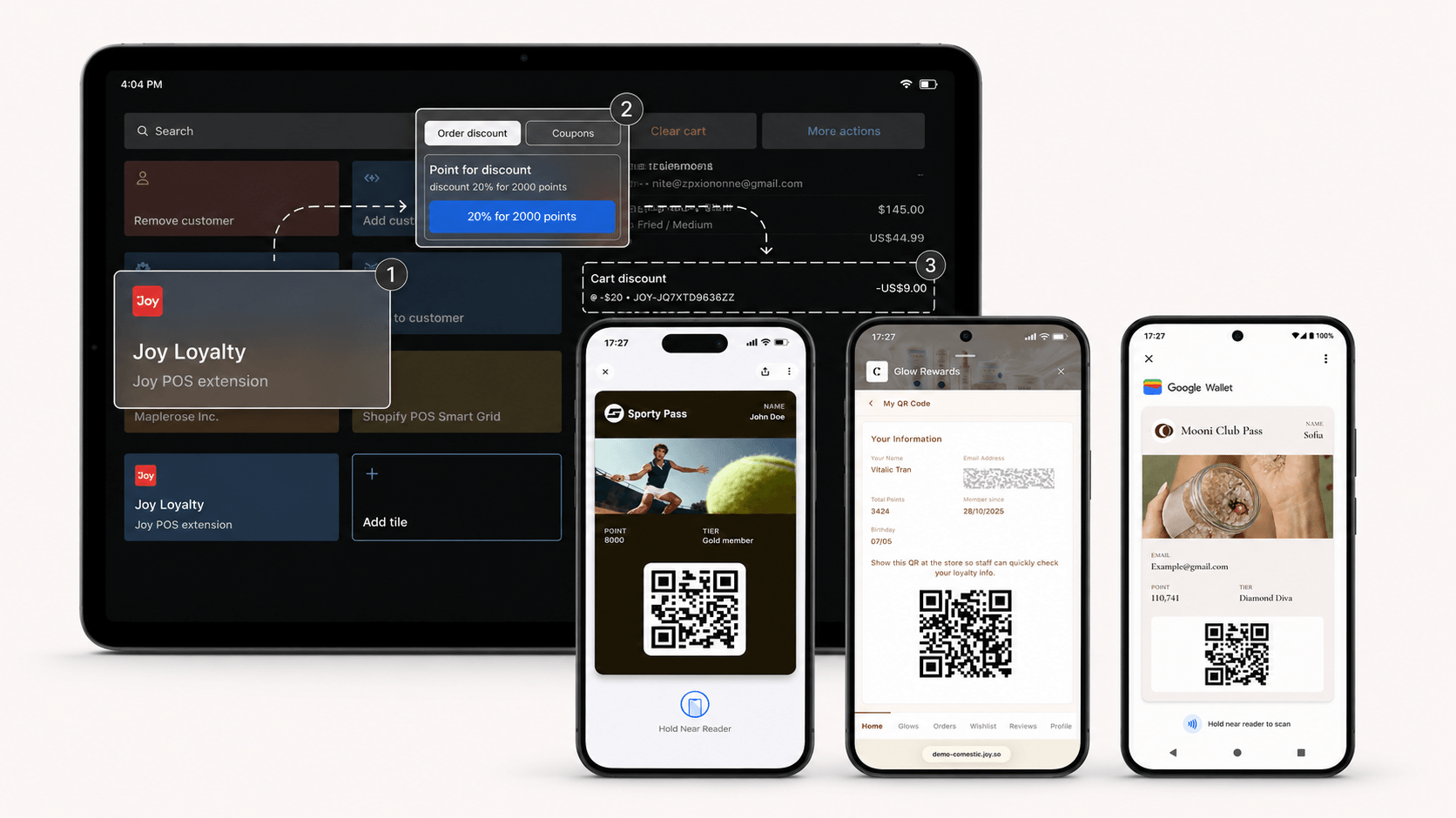 Joy loyalty on Shopify POS, Apple Wallet, the on-site loyalty pass and Google Wallet