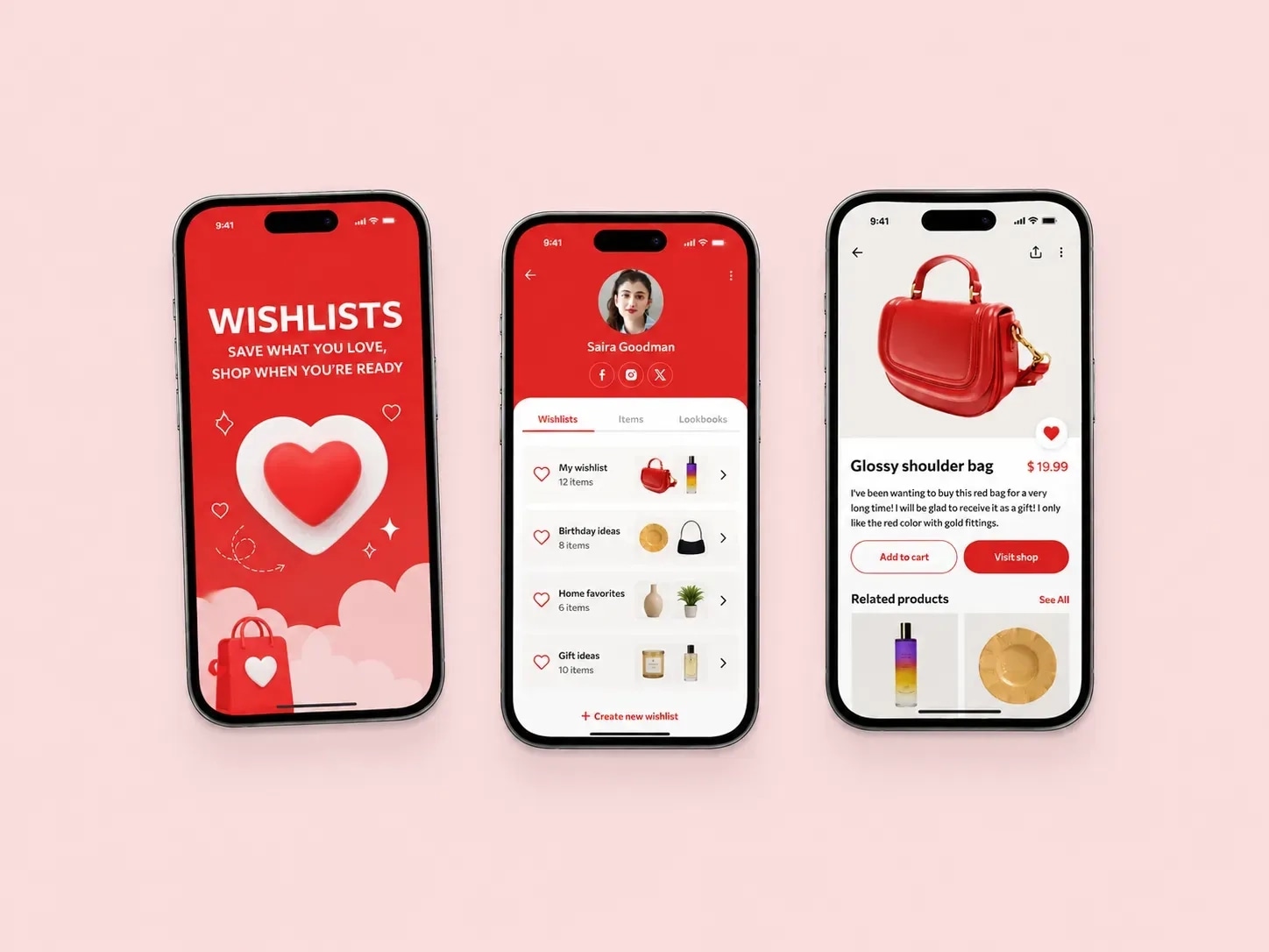 Three phone screens of a Shopify wishlist app: the wishlist intro, a shopper's saved lists, and a saved handbag ready to add to cart
