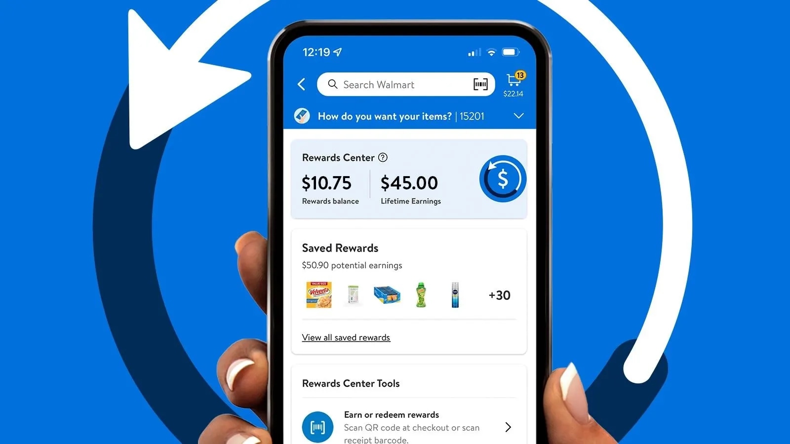 Walmart app Rewards Center on a phone, showing a $10.75 rewards balance, $45 lifetime earnings and saved rewards
