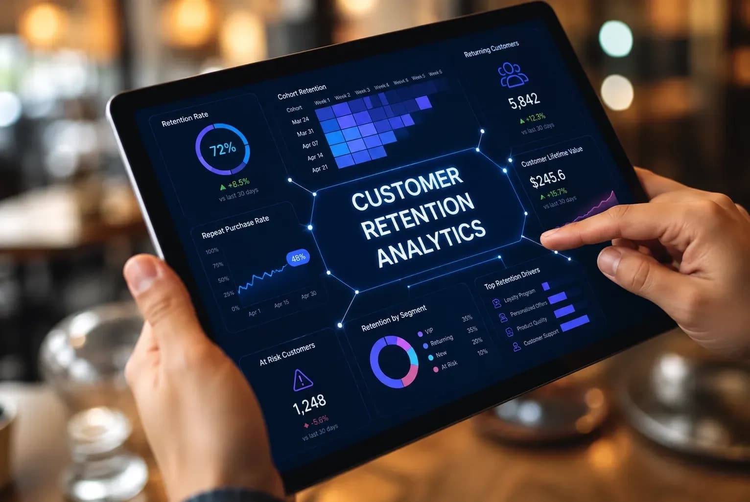 Tablet showing a customer retention analytics dashboard with a 72% retention rate, repeat purchase rate, customer lifetime value and at-risk customers