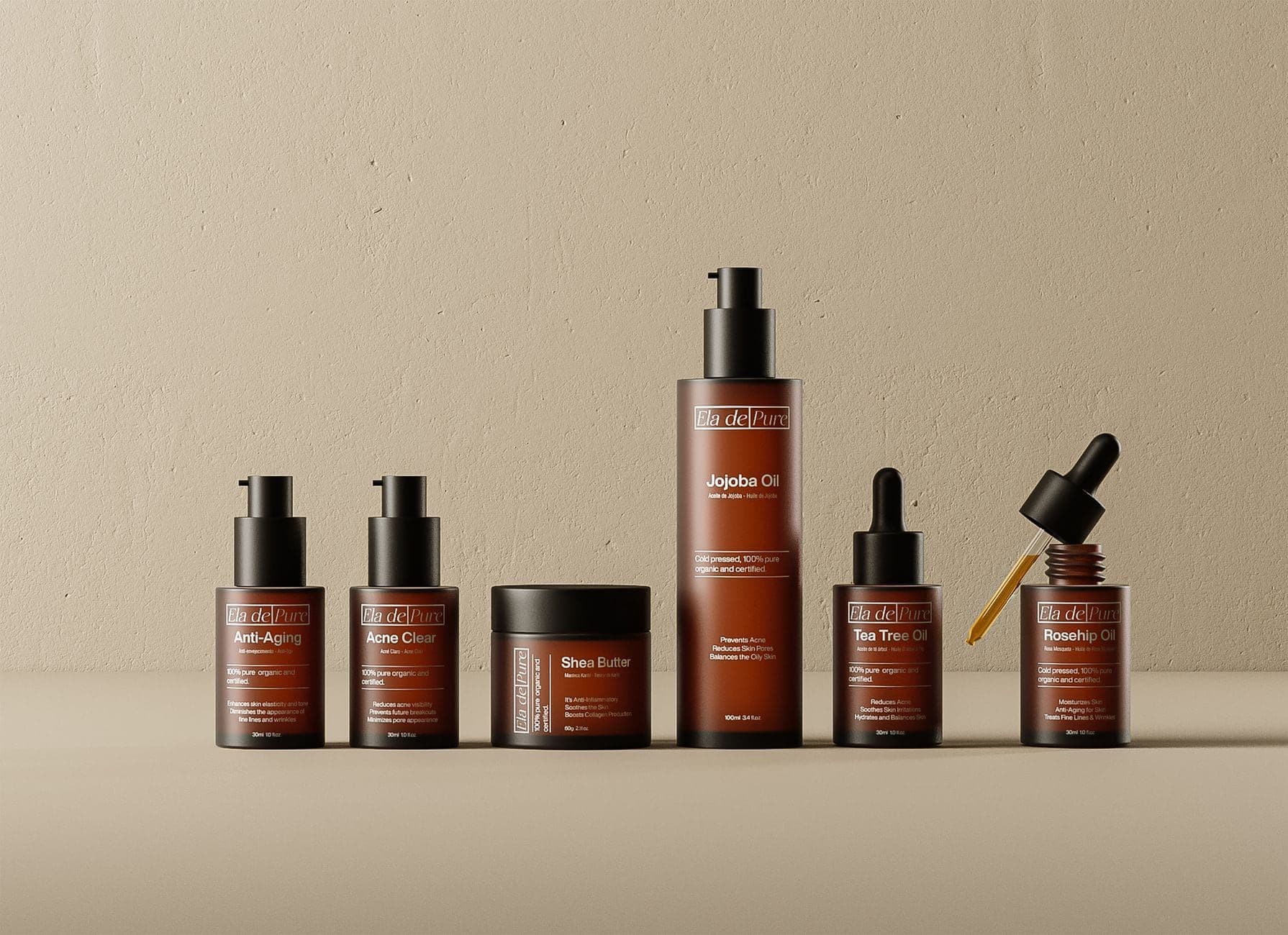A skincare product line from one brand displayed in a row