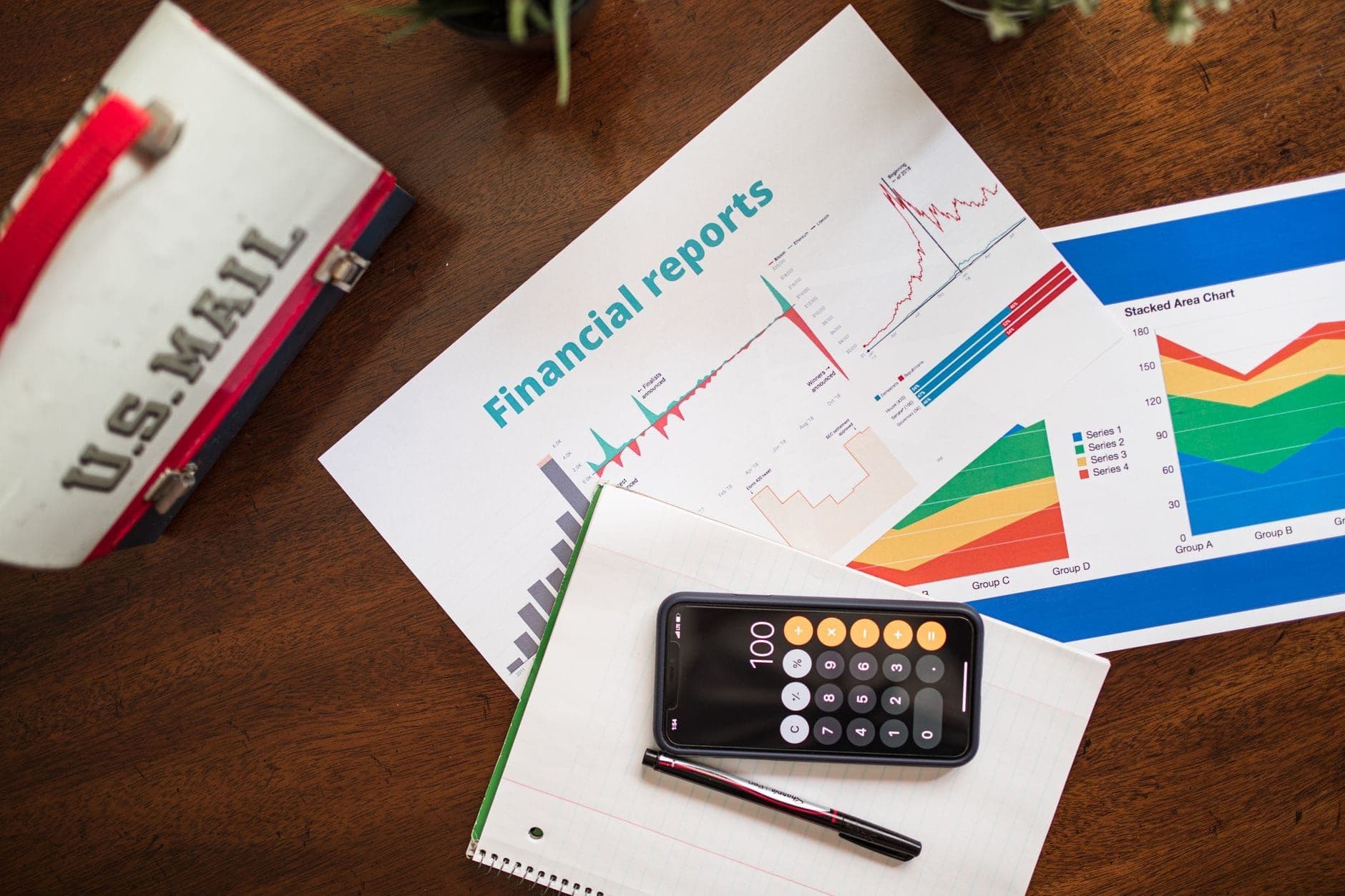 Financial report with colourful charts beside a calculator on a wooden desk