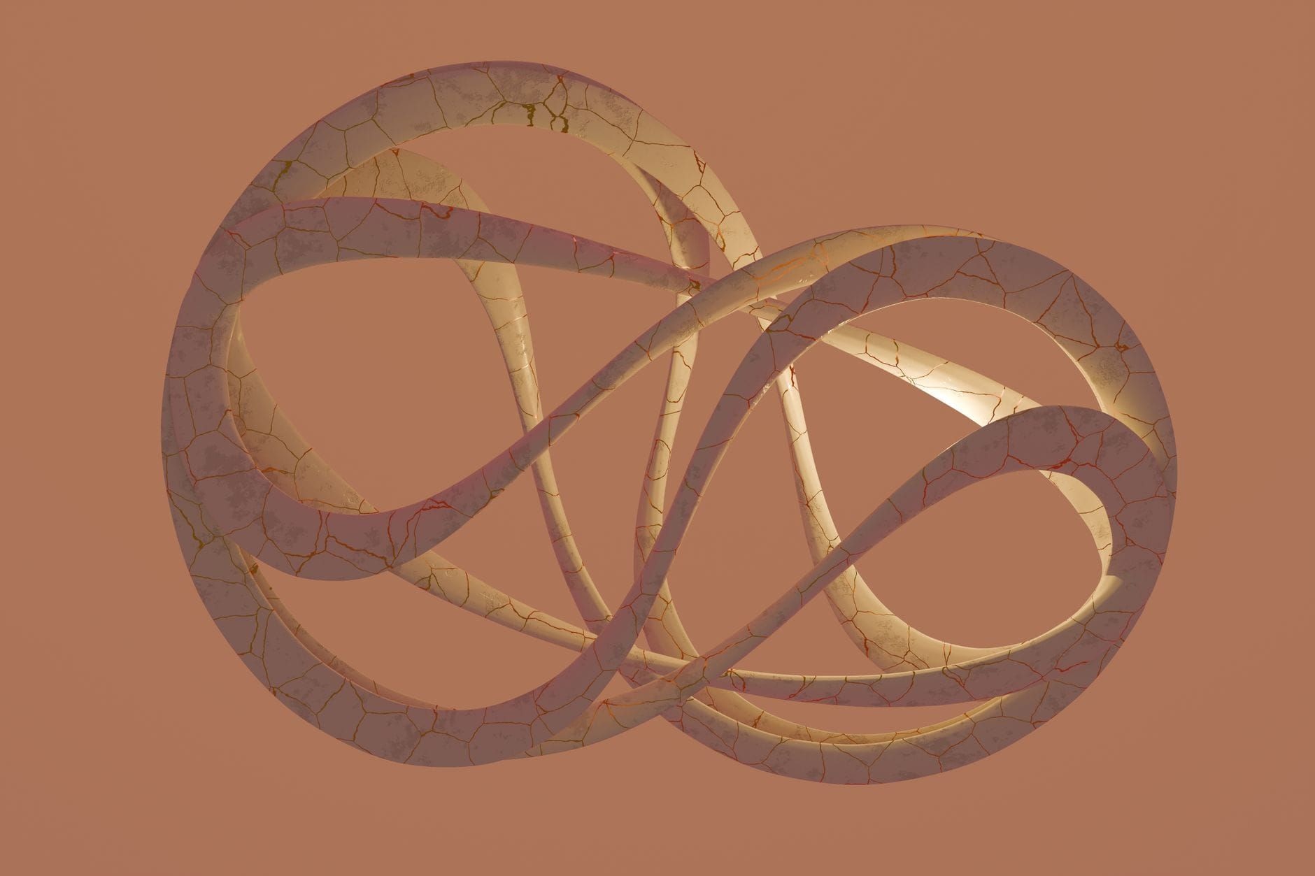 Abstract sculpture forming a continuous loop on a warm brown background