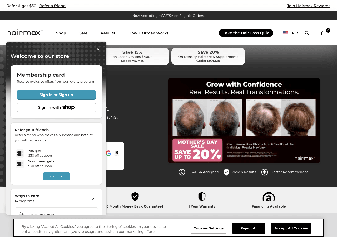 Joy loyalty widget open on hairmax.com