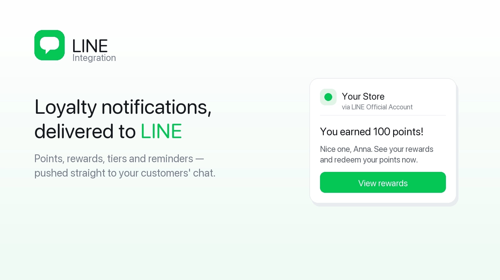 Joy loyalty notification delivered in LINE chat telling a customer they earned 100 points, with a View rewards button