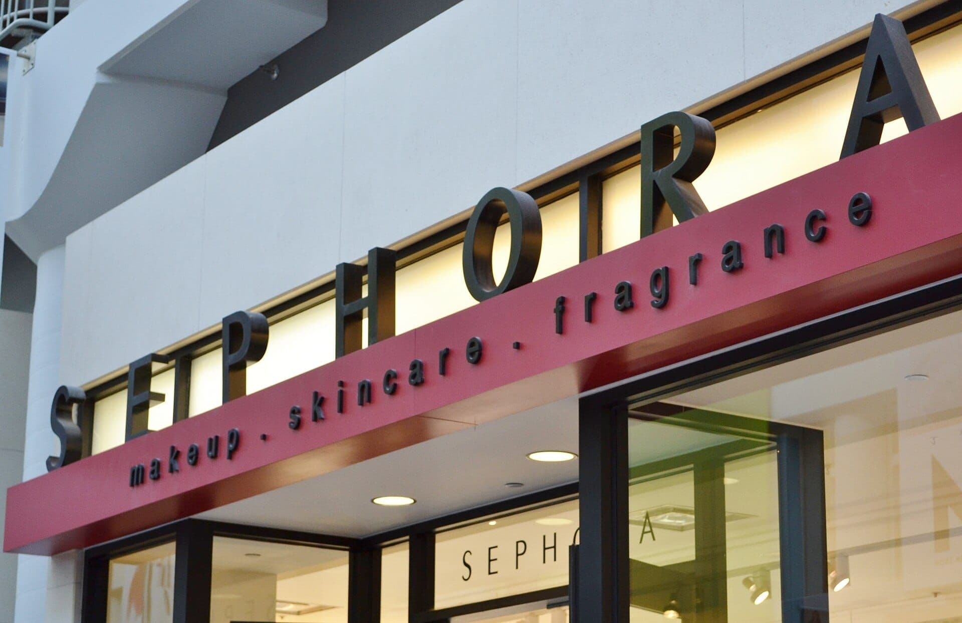 Sephora storefront sign reading makeup, skincare, fragrance