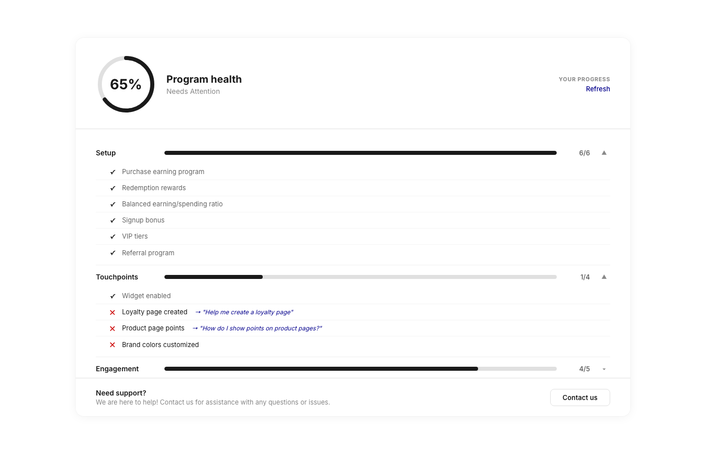 Joy Program Health — 65% score with Setup, Touchpoints, Engagement, and Performance progress bars